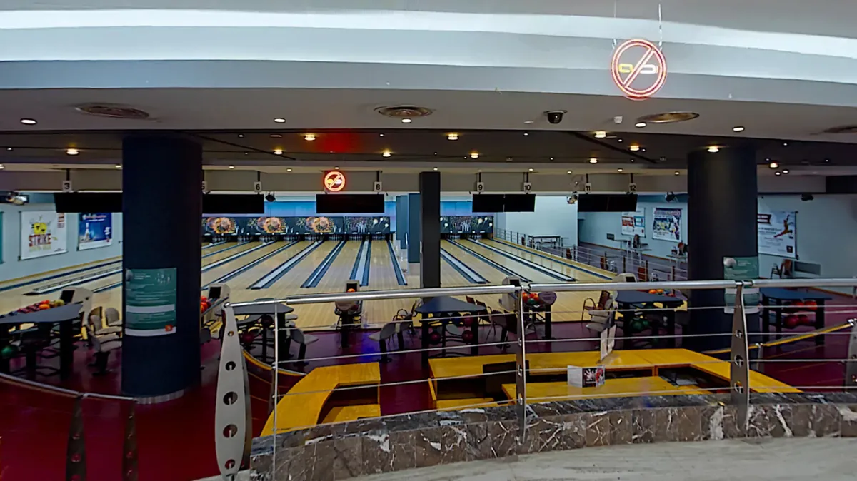 The 12 lanes of the Megamall bowling centre in Rabat, seen from the mezzanine