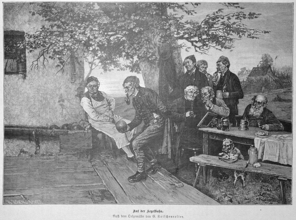 1888 engraving: skittles players chatting and drinking beside a skittle alley