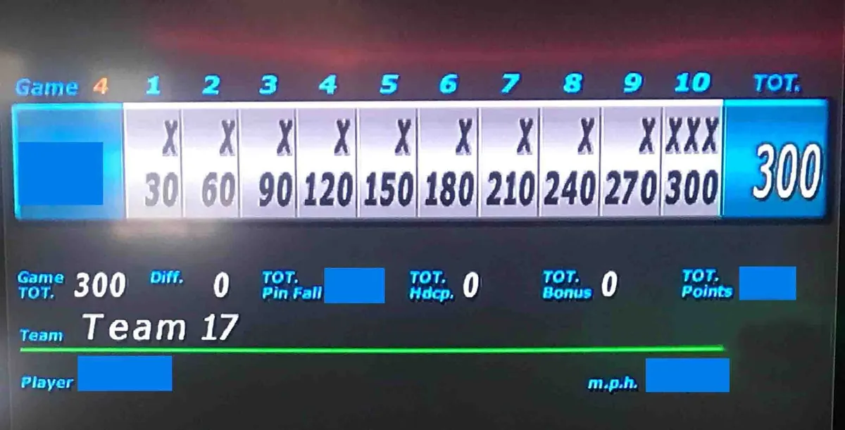 Scoreboard showing twelve strikes in a row and a perfect score of 300 points