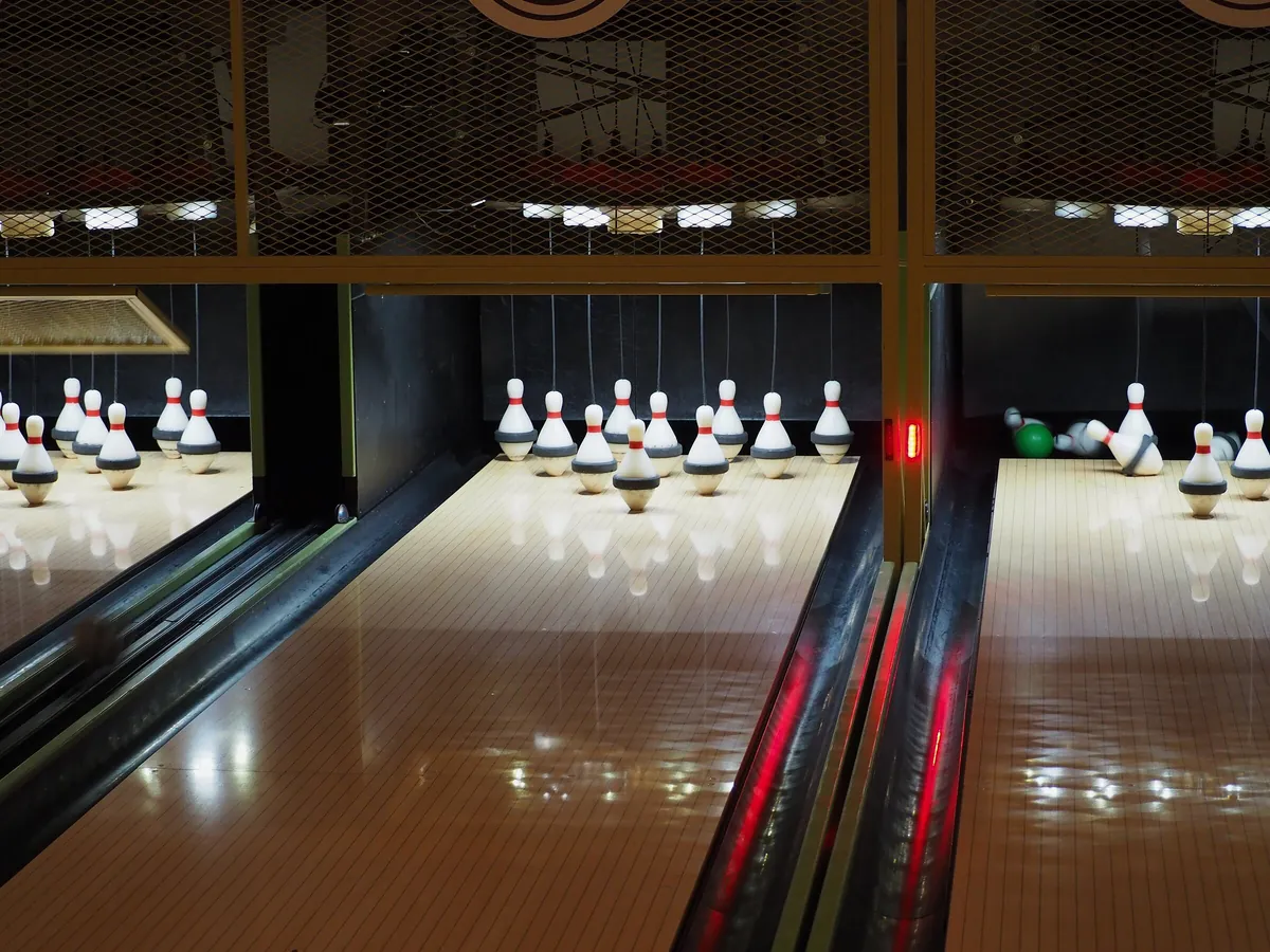 Duckpin bowling lanes with small, squat pins, an American variant of classic bowling